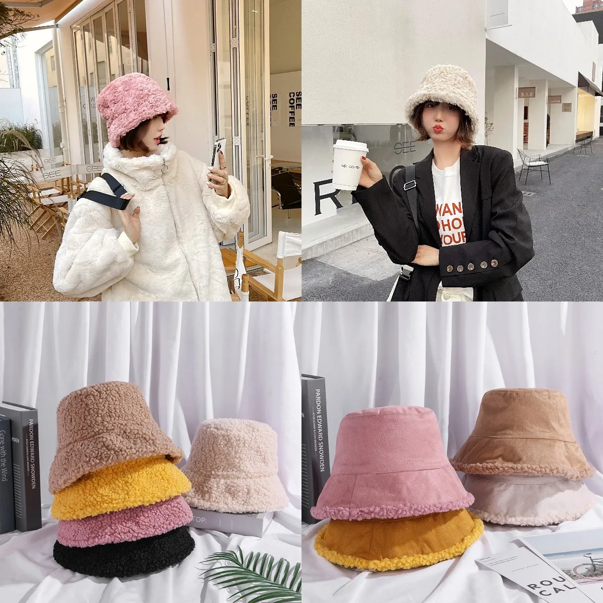 Custom design double sides furry bucket hats women 100%poly cute bucket hats