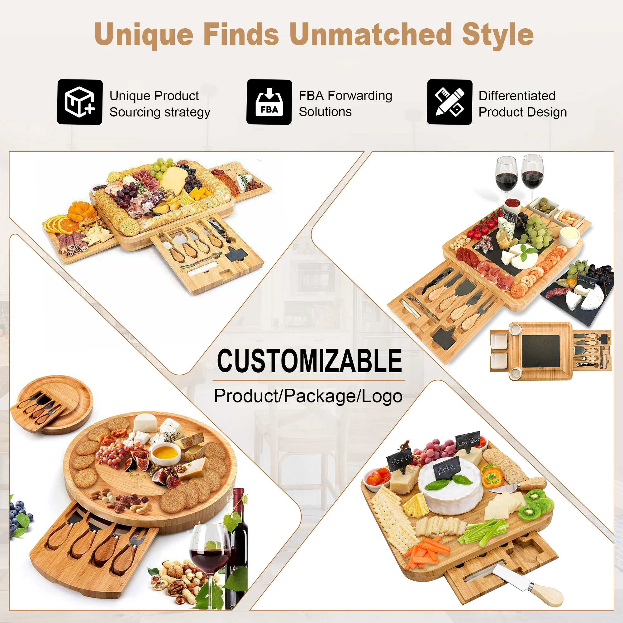 Modern Innovations Smart Natural Bamboo bread Cutting Boards Cheese Tool Set Cheese tray and Plate with slide drawer 4 Knives