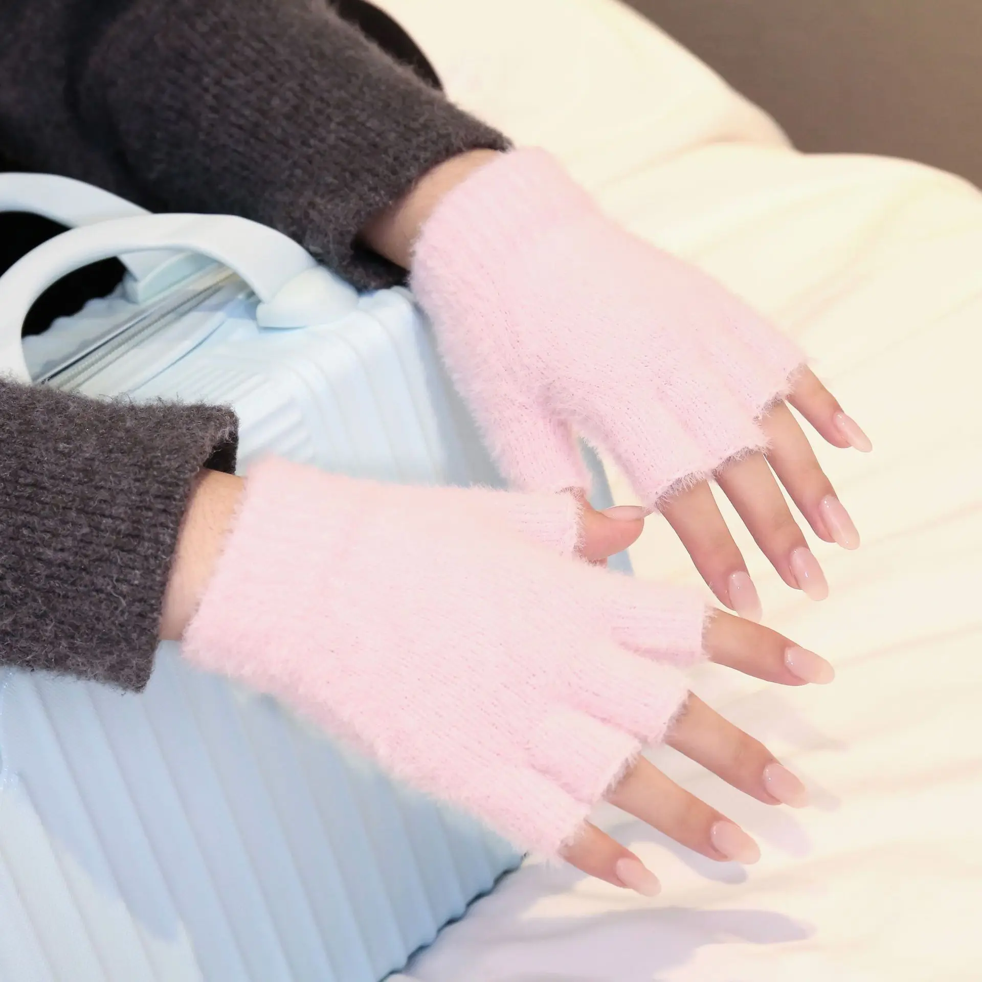 Women Men Half Finger Winter Mink Cashmere Gloves Touch Screen Writing Woolen Warm Mittens For Driving Outdoor Sports