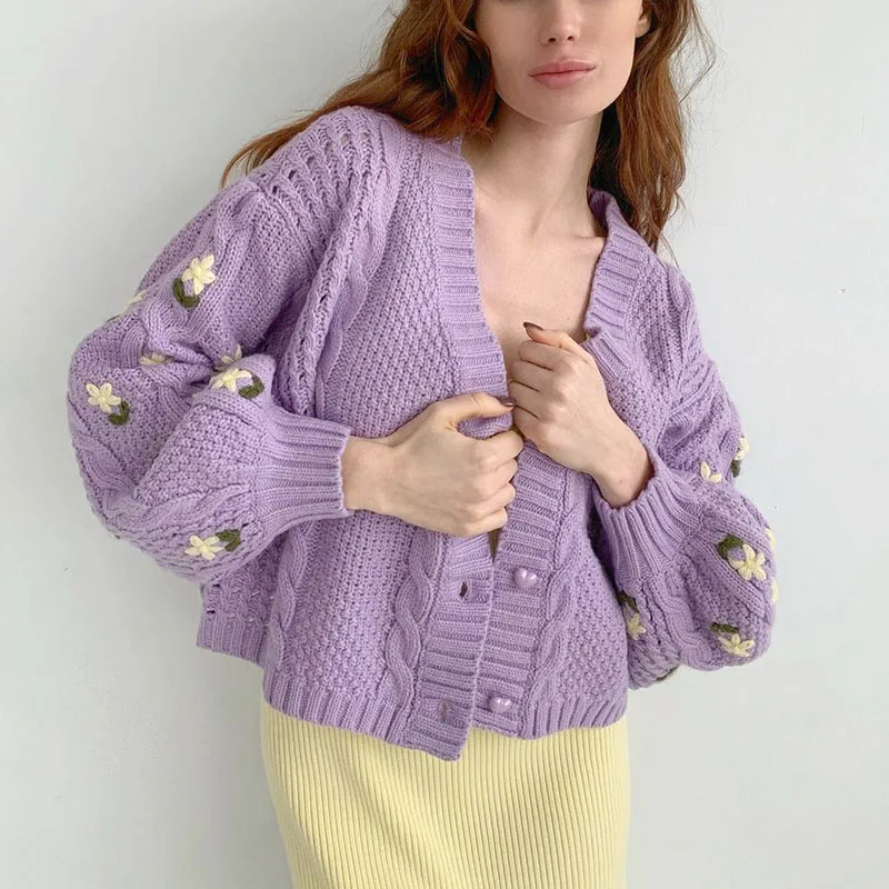 Chic Flower Knittend Cardigan Tops Women V Neck Long Sleeve Korean Fashion Sweater Cardigans Female Loose Sweaters Coat