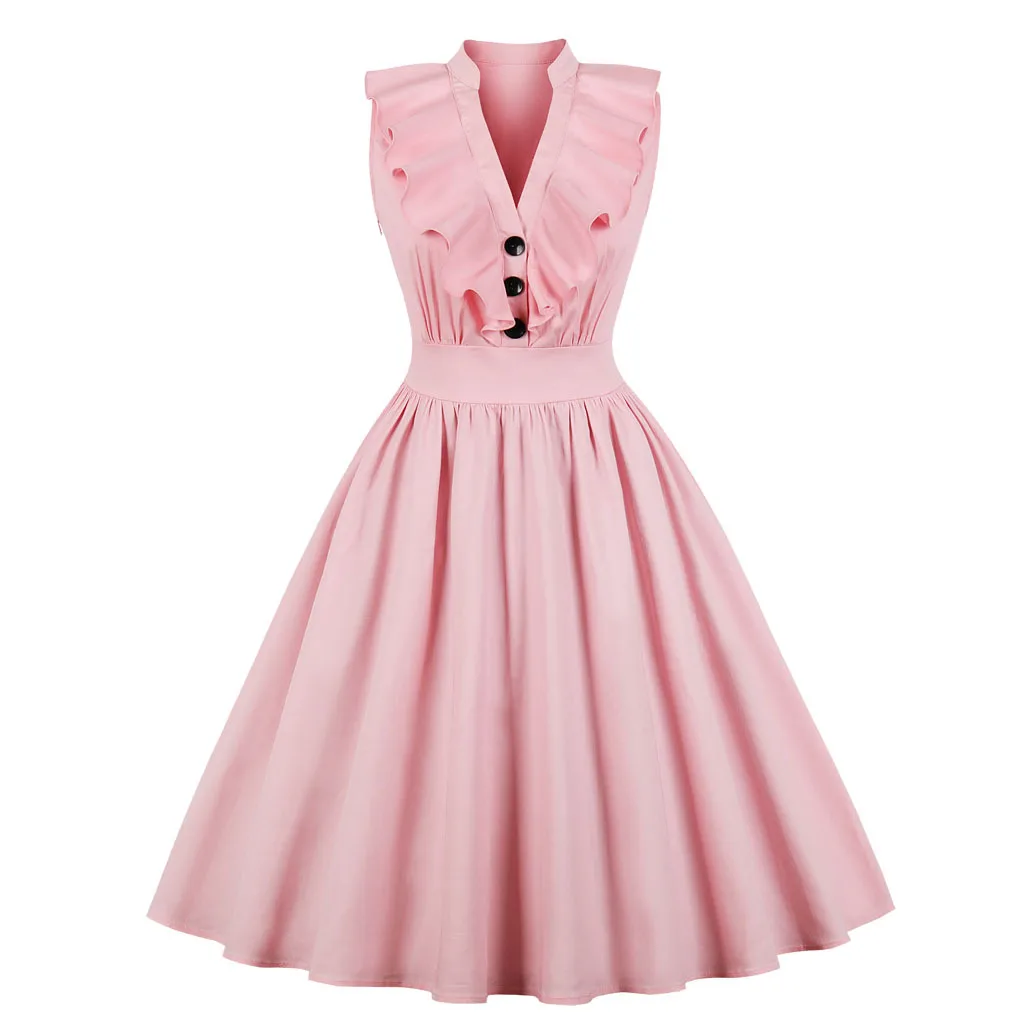 Big Size Beauties Maxi Clothes Women Ruffle Sleeveless V Neck Pink Party A Line Knee Length Midi Vintage Dress