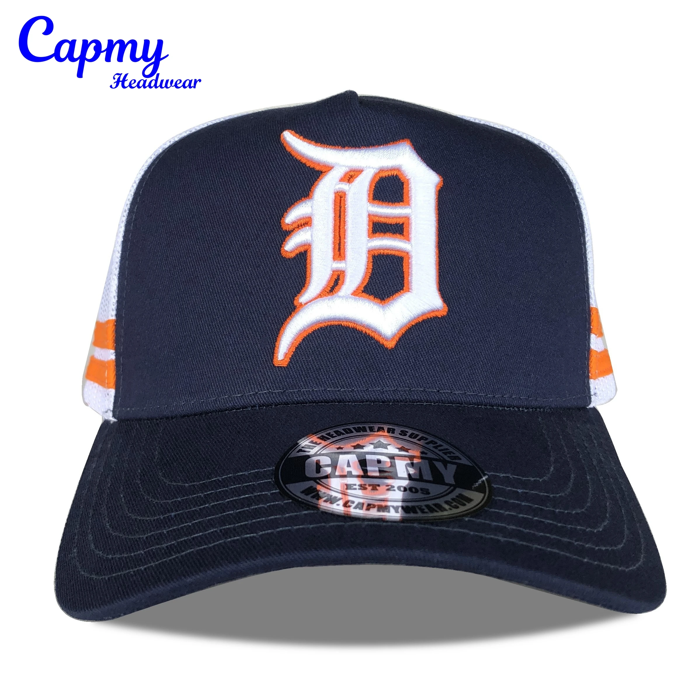 High Profile Mold Two-tone 100% Cotton Fabric 5 Panel Trucker Hat Customized 3d Embroidery Logo Mesh Suede Strip Trucker Cap