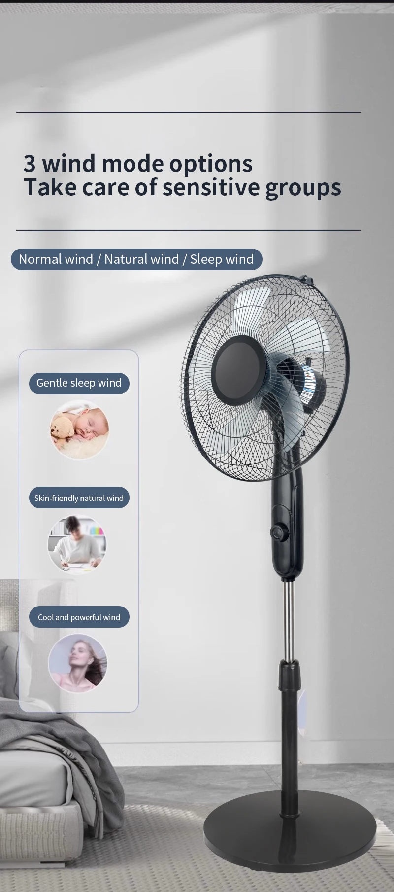 Modern 16 Inch Stand Fan with 3 Speed Modes and Wide Oscillation  with Adjustable Height and Wide Airflow