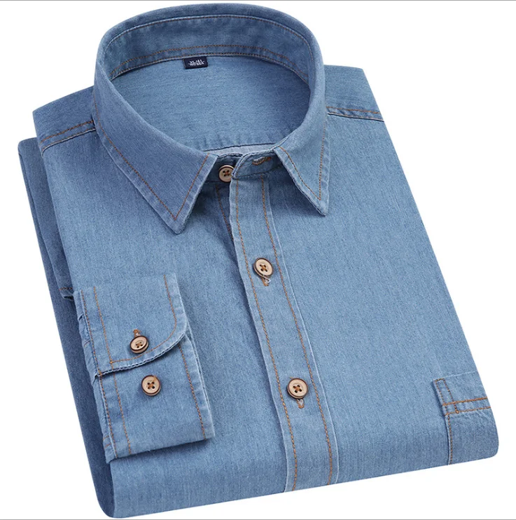 100% COTTON GAMENT WASHED MENS DENIM CASUAL SHIRTS WITH CONTRAST THREAD AND POCKET