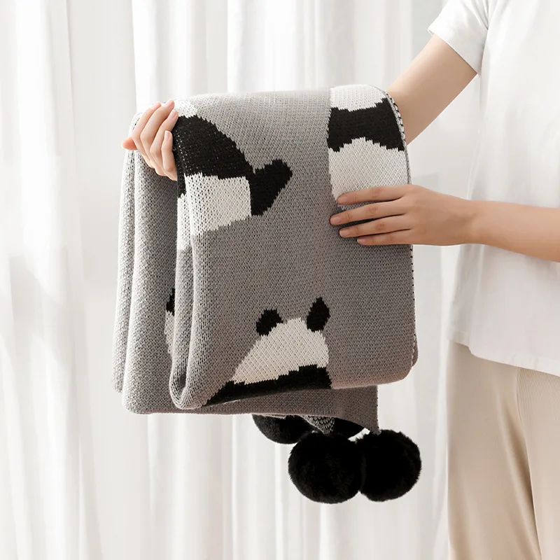 Home air conditioner panda blanket office throws nap blanket thin knitted black and white wool blanket
