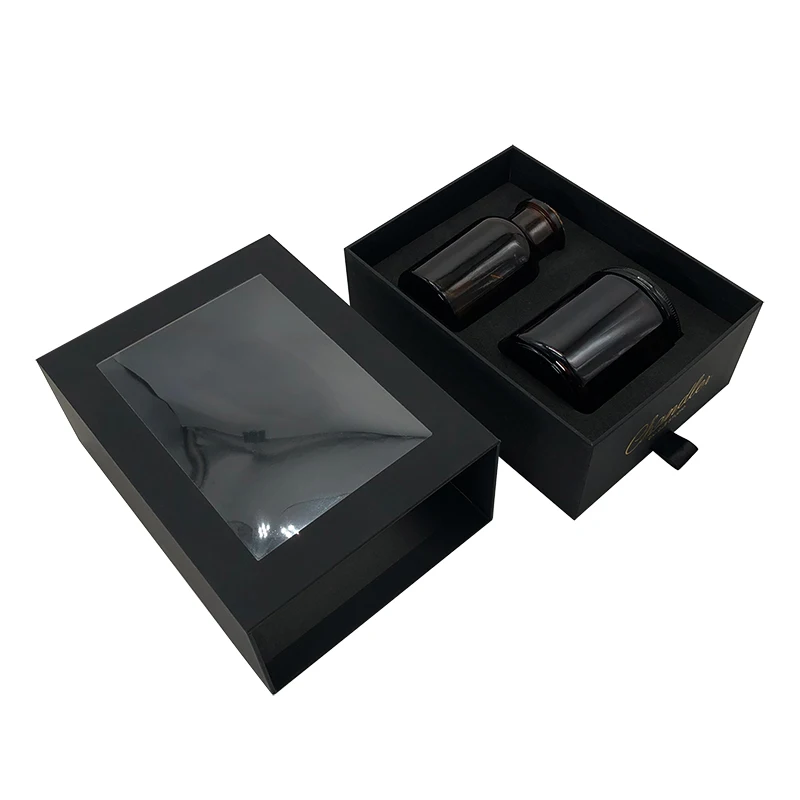 Custom luxury slide drawer glass bottle honey jar bee comb gift packaging boxes candle hair oil honey box with Clear PVC Window