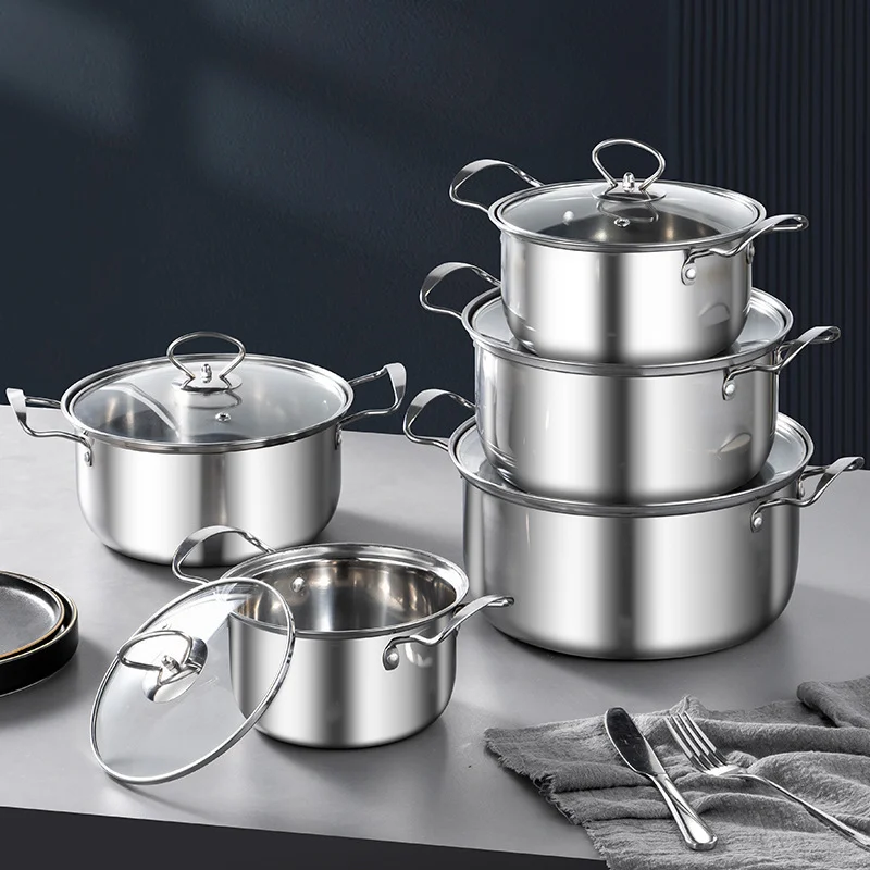 10pcs Stainless Steel Casserole Cooking Pot Set Cast Iron Kitchen Pans  Soup Pot Stock Pot Cast Cookware Set