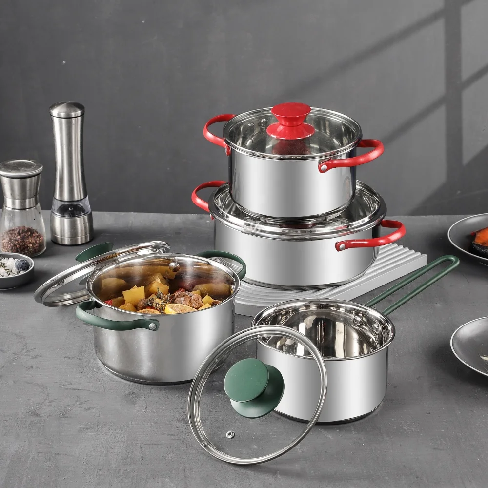 Wholesale stainless steel cooking pot cookingware set deep soup pot kitchen cookware with glass lid red and  greenhandle