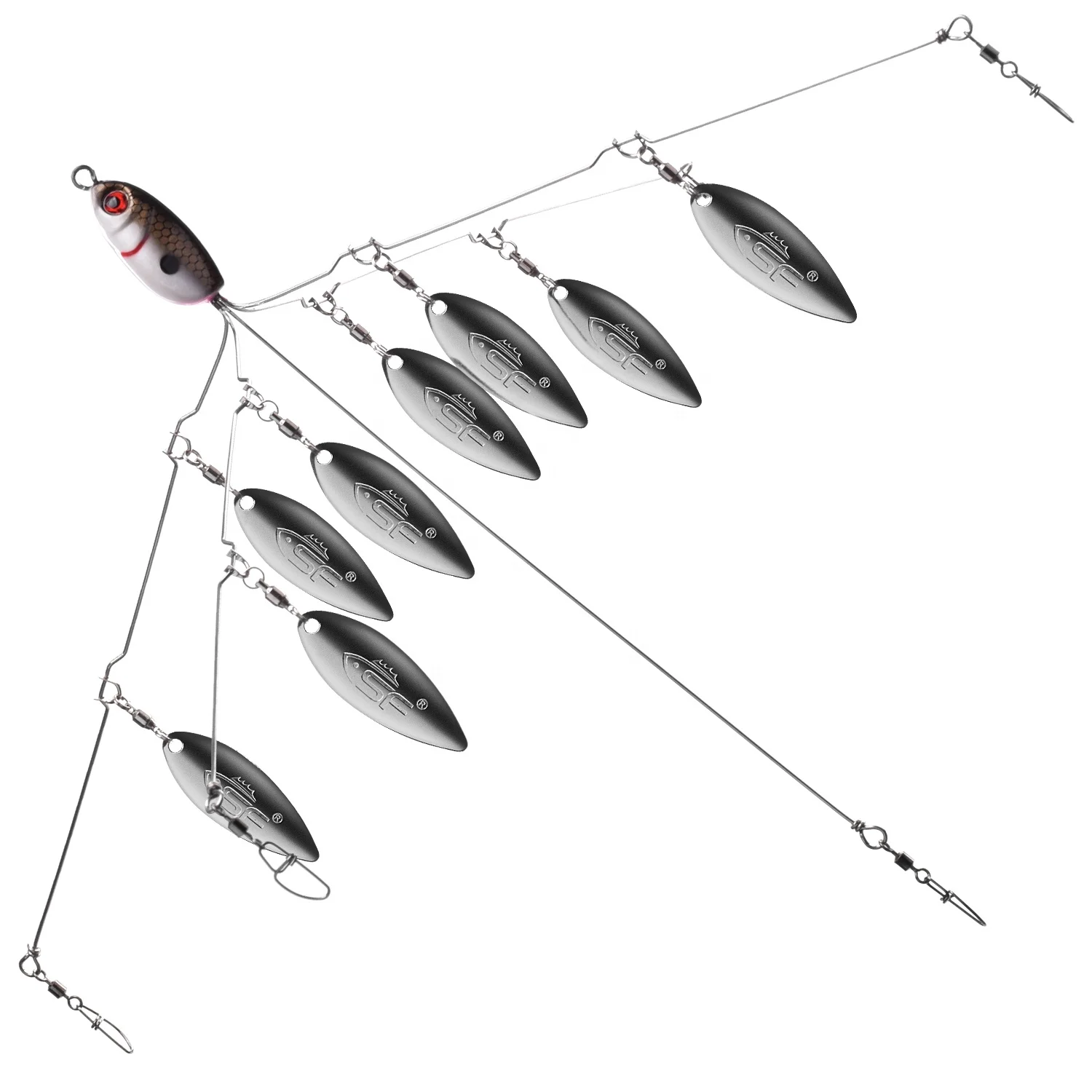 Alabama Umbrella Rigs for Fishing Bass Lures Bait Kit with Eight Willow Shiny Blades Multi-Lure Rig (Black/White/Gold)