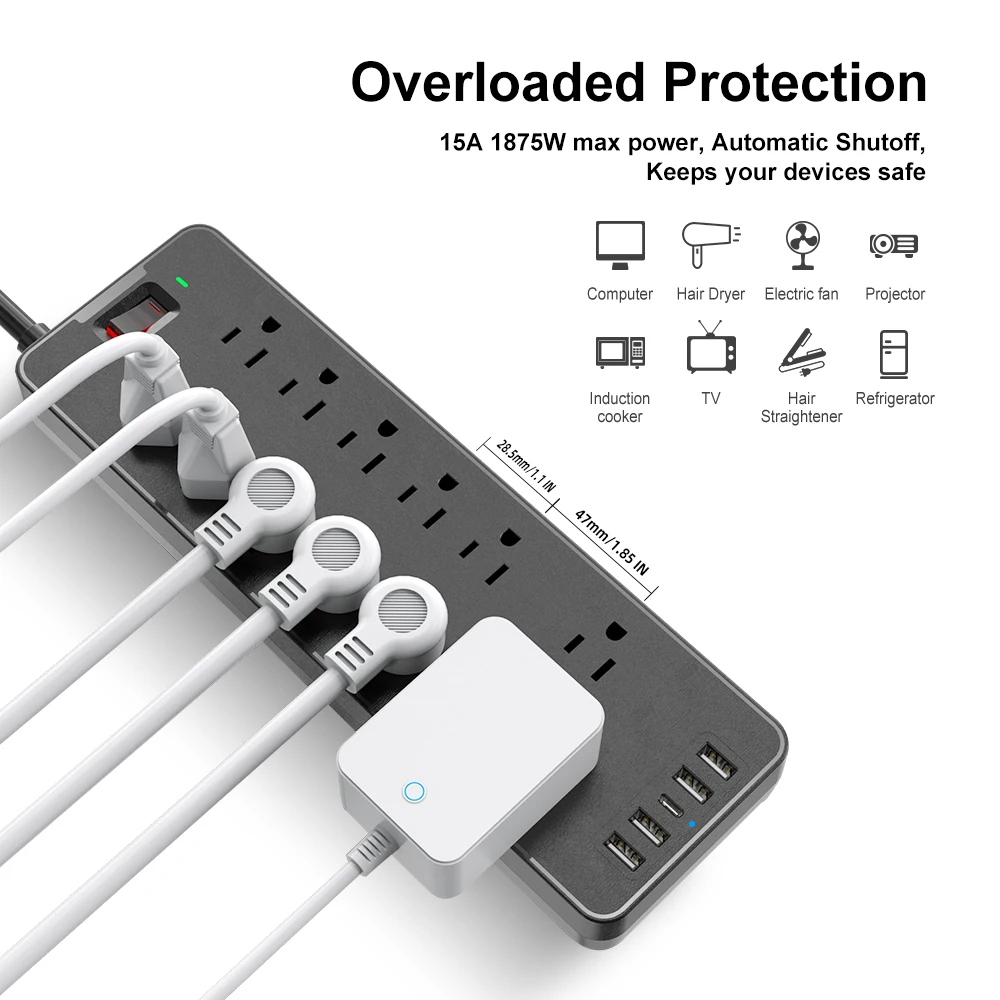 5USB 12 AC outletspower полосы от перенапряжения переменного тока настенного крепления 15A защита от перегрузки розетки с USB C 6ft удлинитель