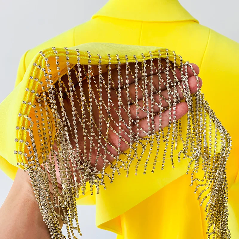 A8596 Fast Shipping Yellow Women Two Pieces Suits Plus Size Tassel  Party Ladies Two Pieces Skirt Suits