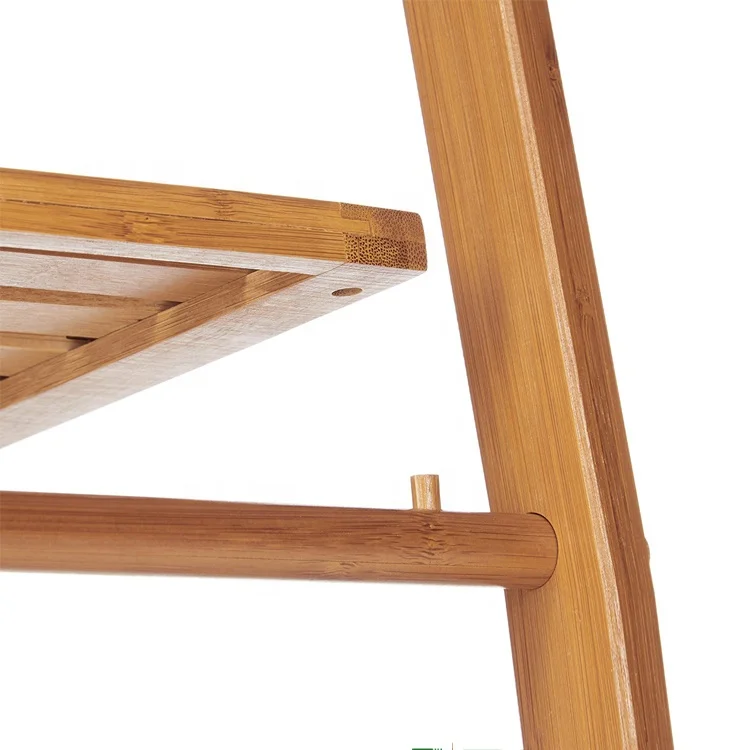 Wholesale bathroom furniture standing natural bamboo wood 3 tier corner storage ladder shelf towel rack