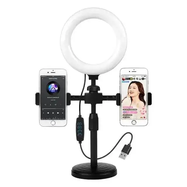New Wholesale 2024 6 inch 16cm LED Ring Fill Light Lamp Vlogging Video Live Broadcast Kit with Dual Phone holders