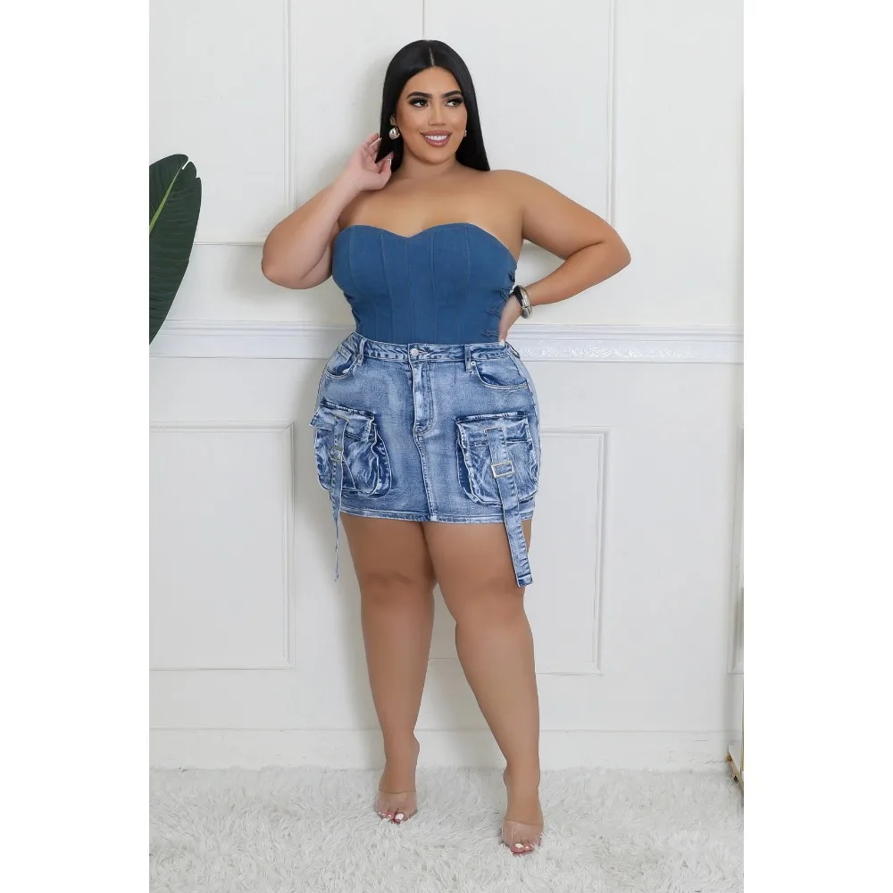 Women Cargo Denim Y2k Jean Skirt Mid Waist Multi Summer Sexy Denim Mini Skirts with Pockets