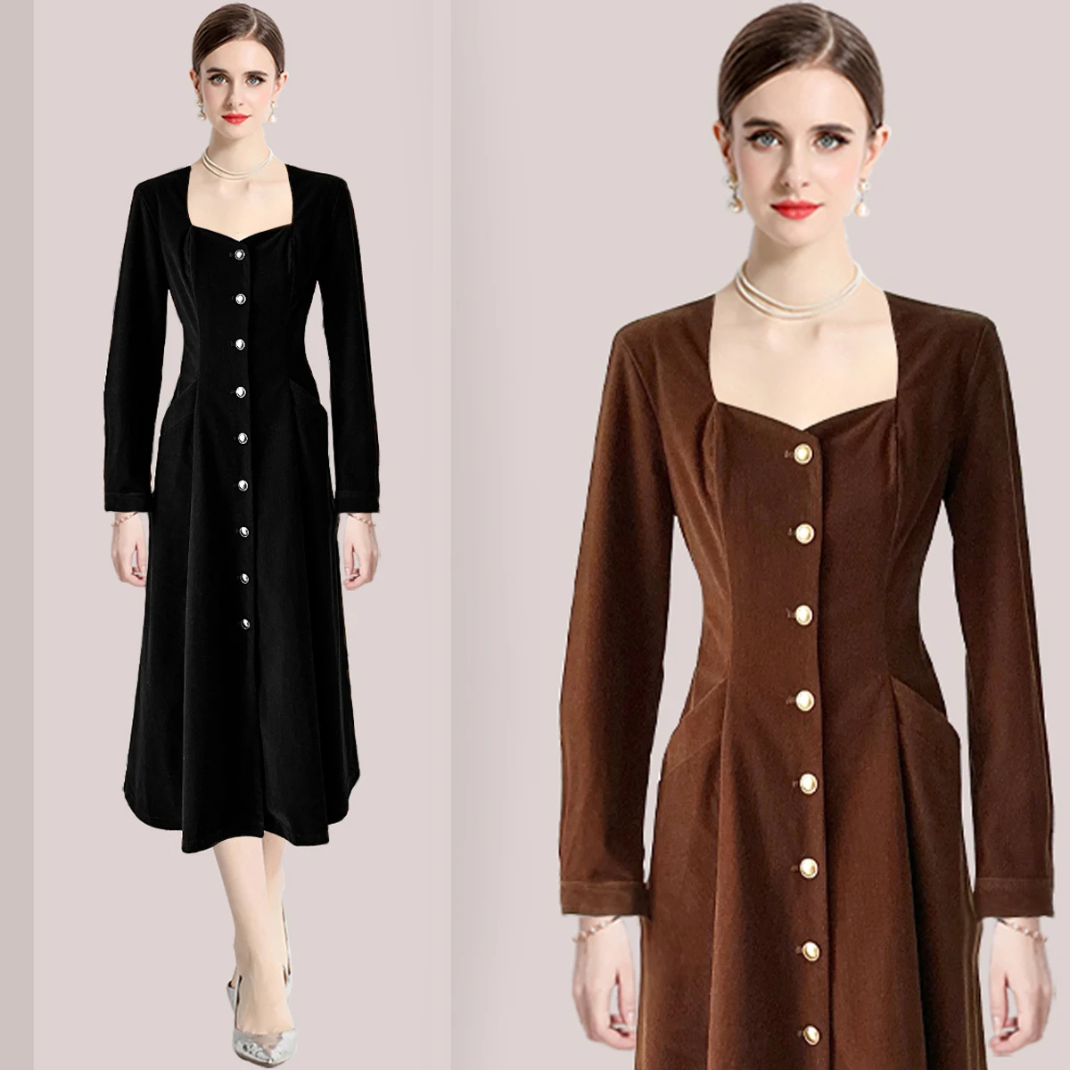 Droma 2024 new design fashion square neck matte velvet high waist casual dresses vintage women lady elegant