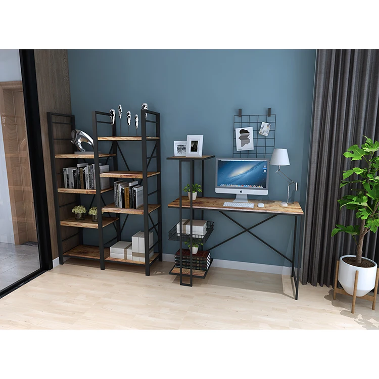 Vintage Metal and Wood Shelf with Carbonized MDF Shelves for Home Office Study Room Furniture