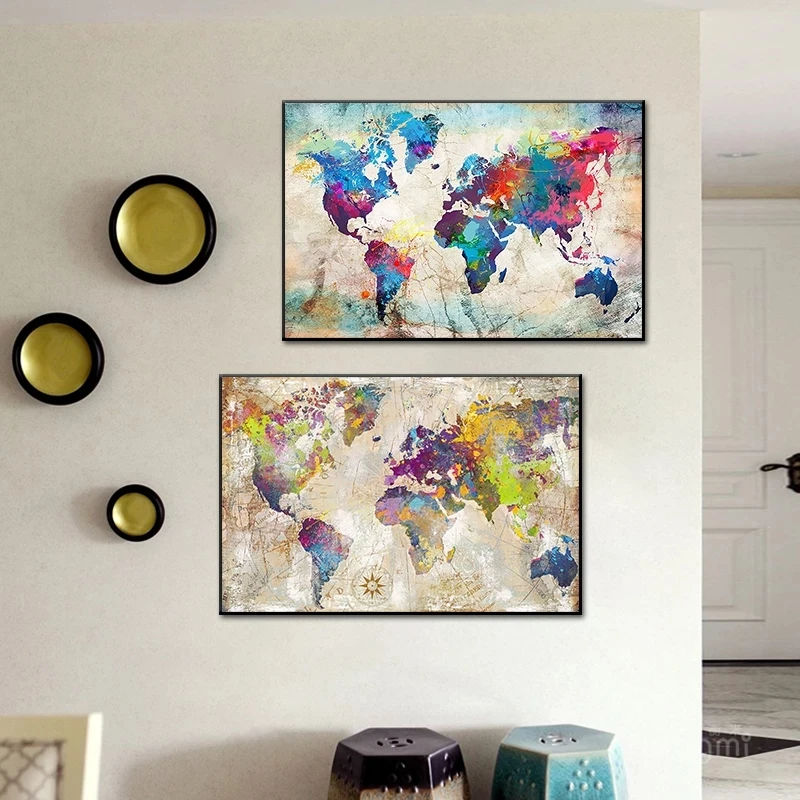 Abstract Colorful World Map Canvas Painting Wall Art Posters Home Decor Cuadros Custom Art Printing