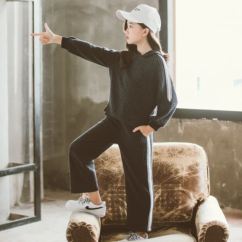 Fall kids hoodie long sleeve pullover matching casual loose patchwork sports pants girls winter clothing set