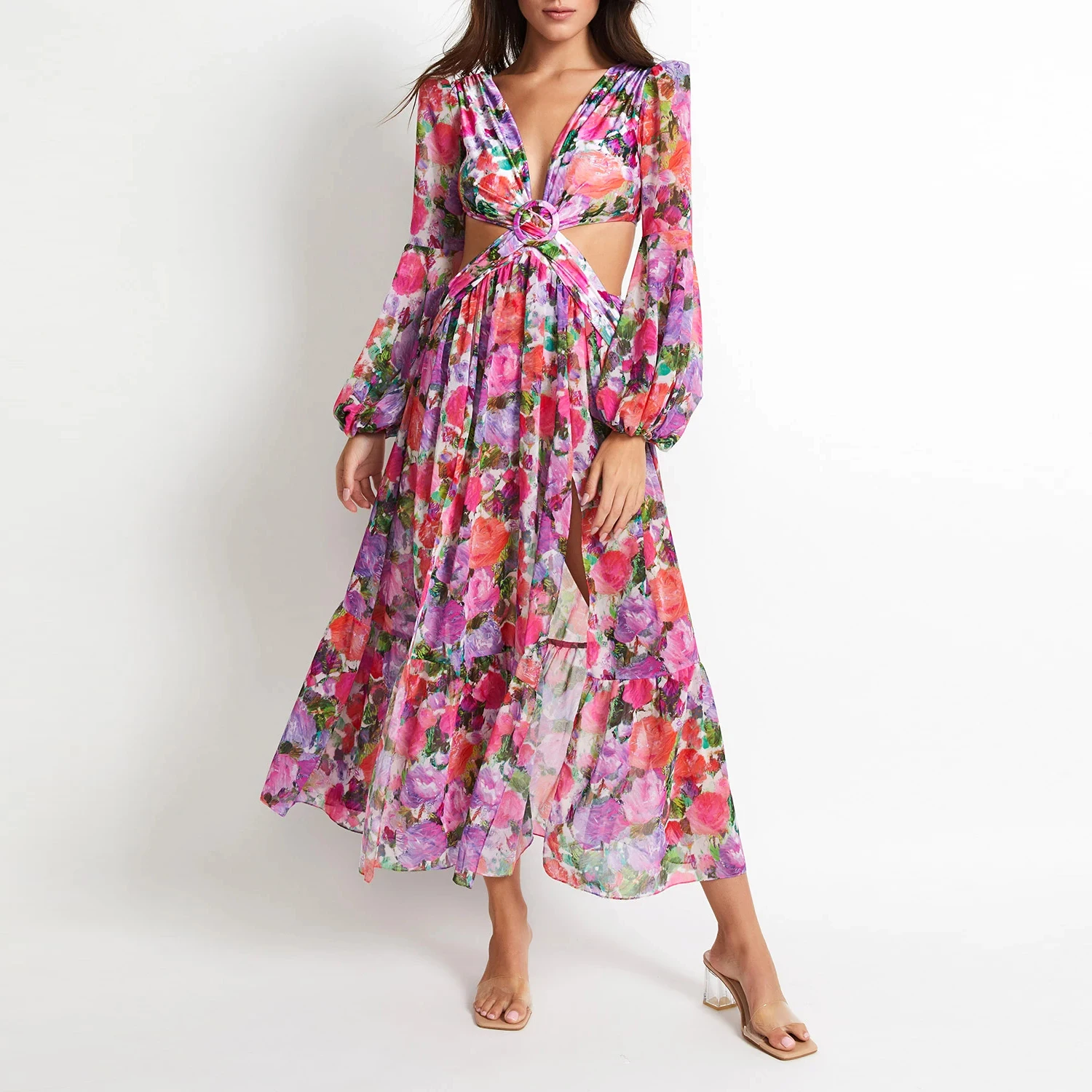 summer fashion puff long sleeves v-neck high slit floral dress summer dresses women casual