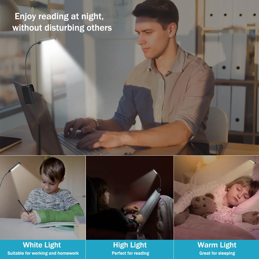O08-0033 Clip on Rechargeable LED Book Light Reading Light with Eye Protection 3 Level Brightness USB lamp