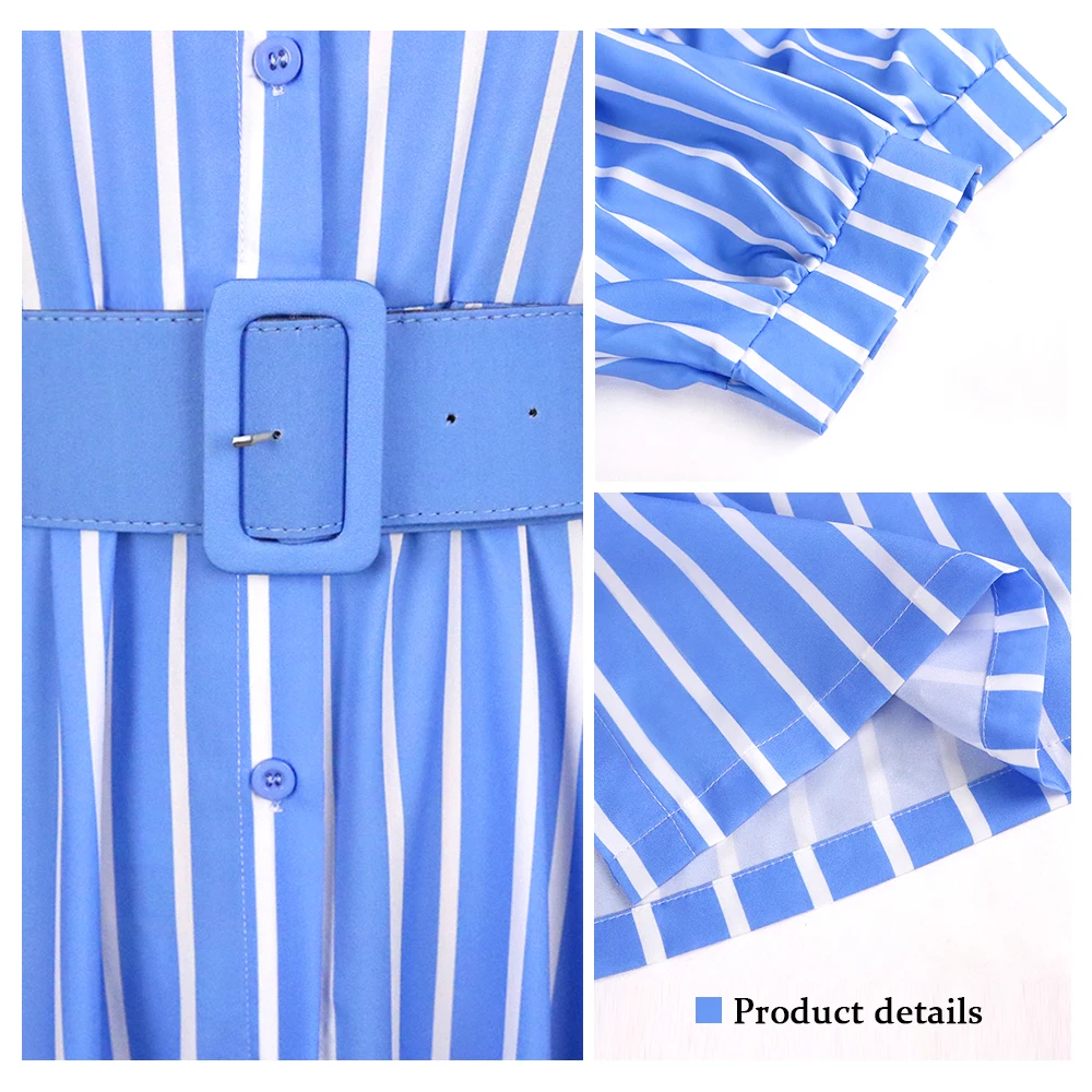 YQY6401 New Arrivals Women Summer Dress Puff Sleeve Button Up Stripe Shirt Dress Elegant Ladies Office Dress With Belt