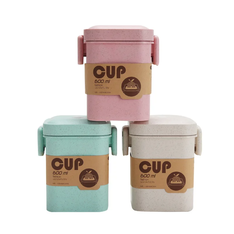 
Eco Friendly Wheat Straw Soup Cup Oatmeal Breakfast Cereal Cup Microwave Square Jar Packaging Box With Buckle Cover 