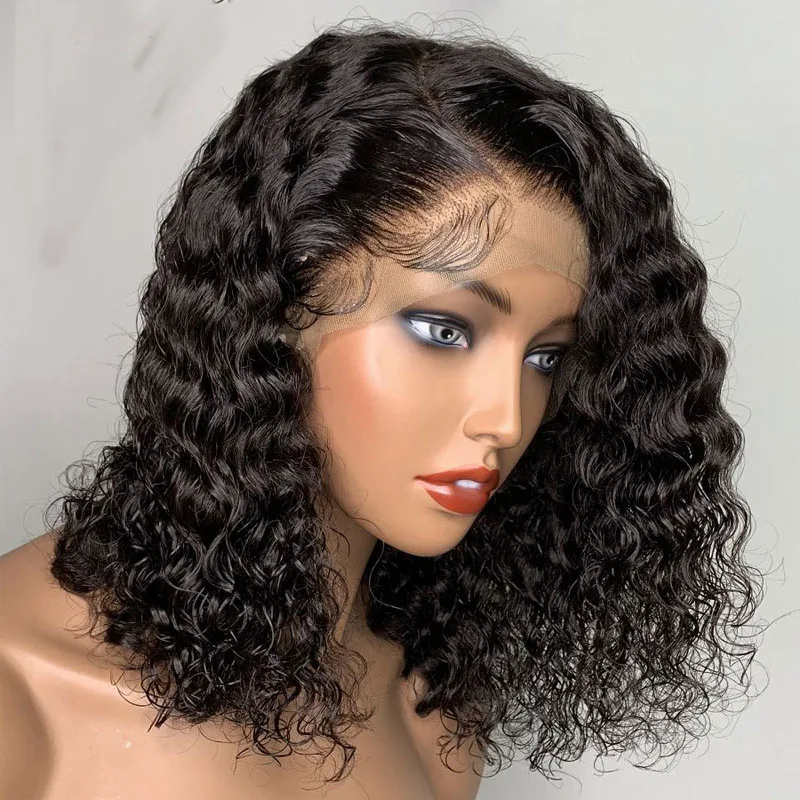 Natural Black 12Inch Cut Short Natural Wave Glueless Side Part 13x4Lace Front Wig With Baby Hair For Women Daily WIg 180%Density