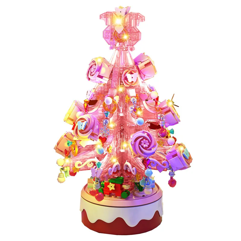 Hot Fantasy Crystal Christmas Tree with LED Lights Assemble Bricks Sets Rotating Music Box Building Blocks Toys for Girls gift