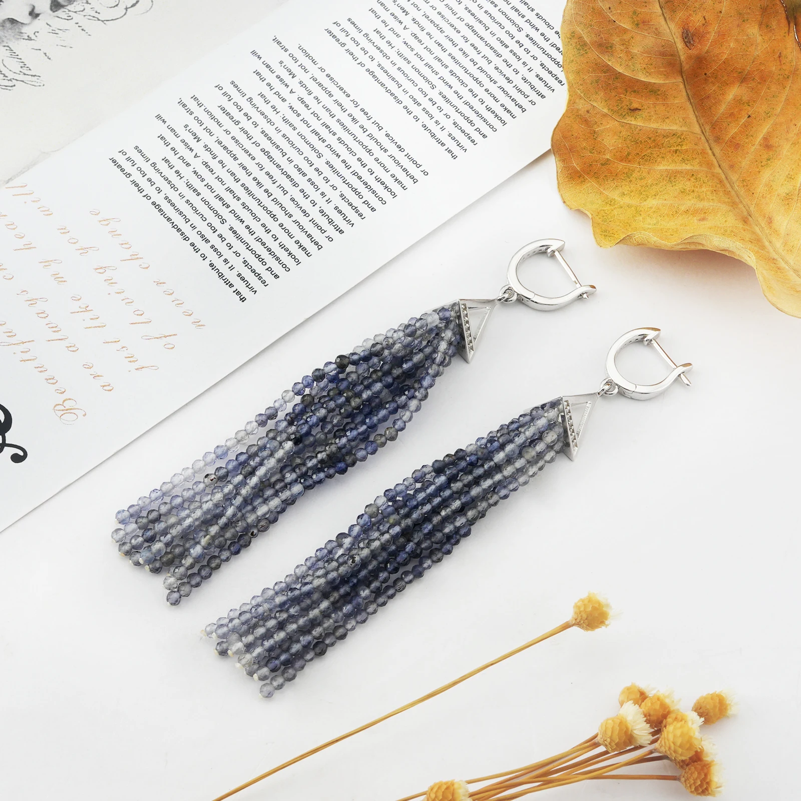 New Fashion 925 Sterling Silver Triangle Zircon Charms Pendant Jewelry Natural Cordierite Crystal Beads Tassel Earrings
