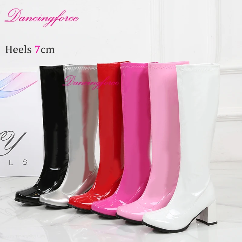 7cm Custom Colors 60s 70s Gogo Boots Square Heel Knee-High Party Boots Sexy Retro Women Cross Dressing Gothic Shoe Large Size 46