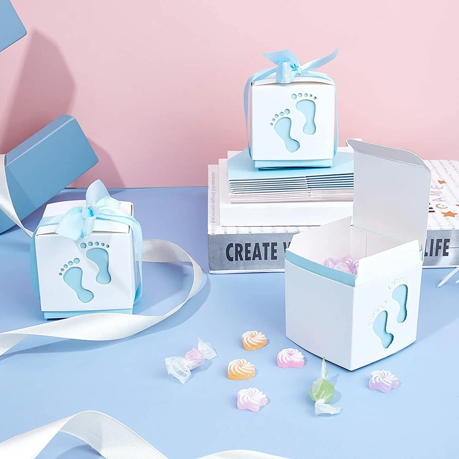 Baby Shower Candy Boxes Footprints Folding Boxes Newborn Baby Paper Gift Box with Ribbon for Gender Reveal Party Kinderg
