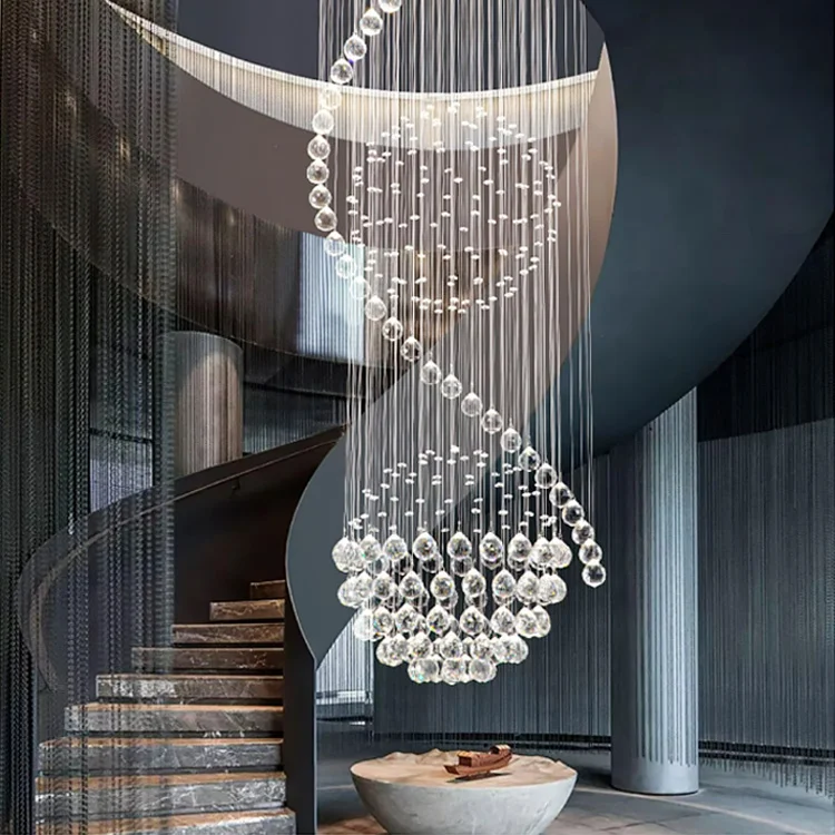Custom hotel villa loft large raindrop long staircase crystal chandeliers ceiling luxury pendant light