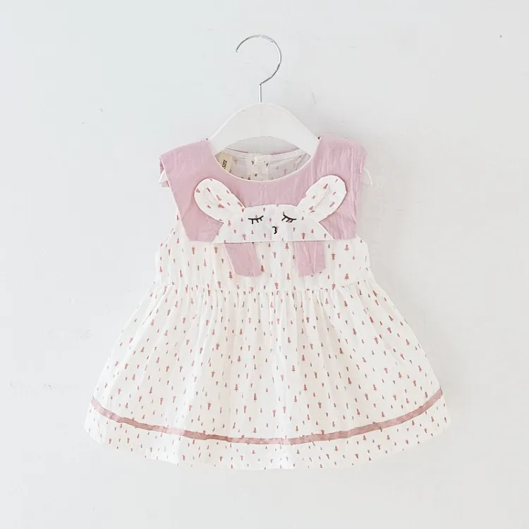 
custom wholesale high quality baby lovely sleeveless contrast color cartoon printed dress baby summer 2021 sundresses 