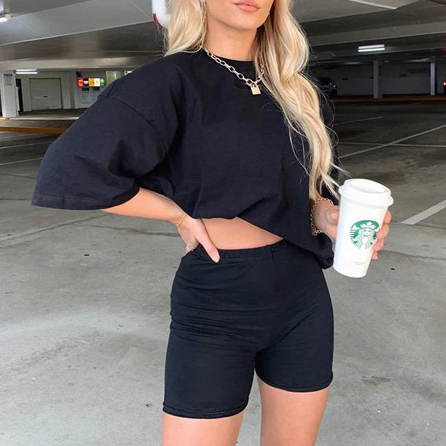 2021 dropship clothes fashion women 2 piece solid color tshirt and high waist biker shorts sets outfit