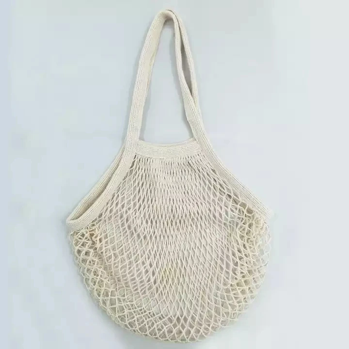 Produce Eco Biodegradabl Organic Cotton Mesh Basket  Reusable long handle  Mesh bag with logo Grocery Shopping Tote Mesh Net Bag