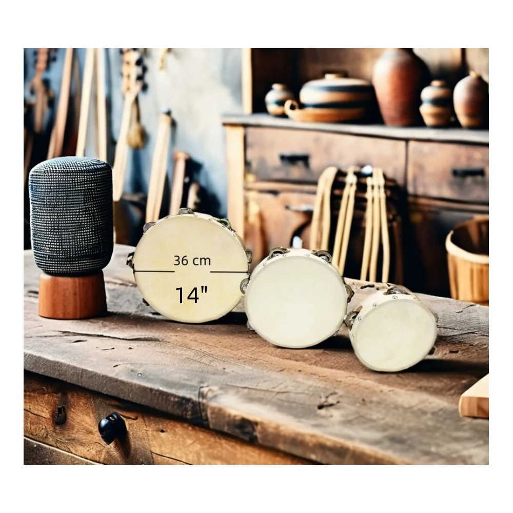 Jelo TB-3 14-Inch Handcrafted Sheepskin Drum Birch Wood Body with Metal Jingles Xylophone Toys Tambourine