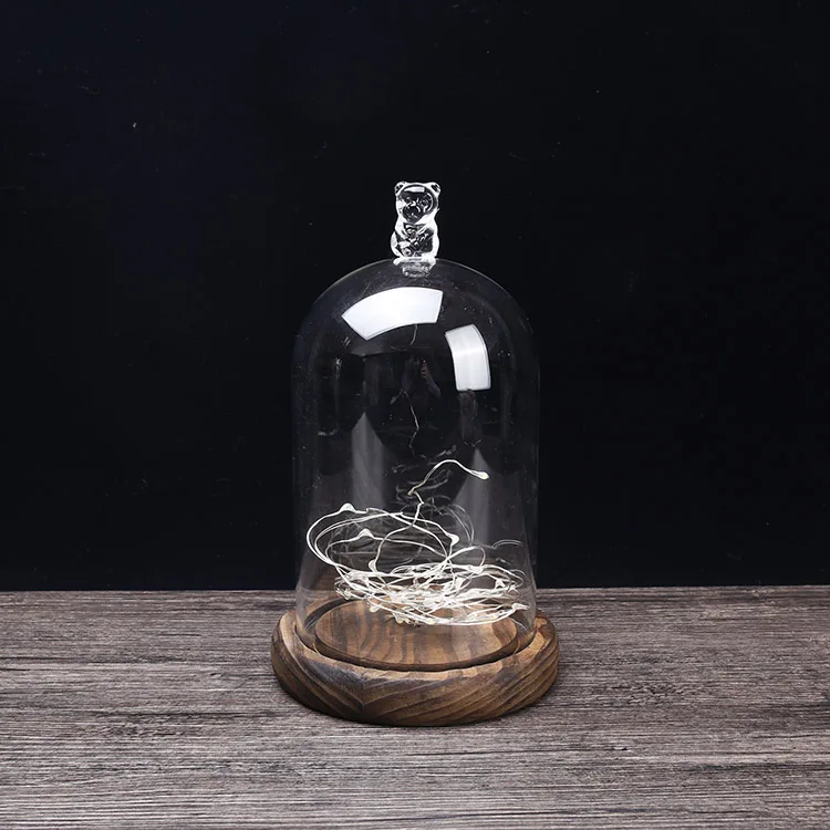 Wholesale Lovely Bear Glass Dome with Flashing String Light Wood Base with Battery Power