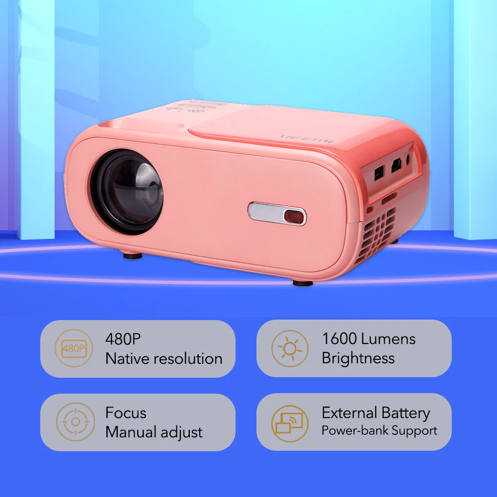 VEEEMI New Small Mini Portable Support 1080P LCD Projector for Outdoor Carrying Recharging From Power Bank