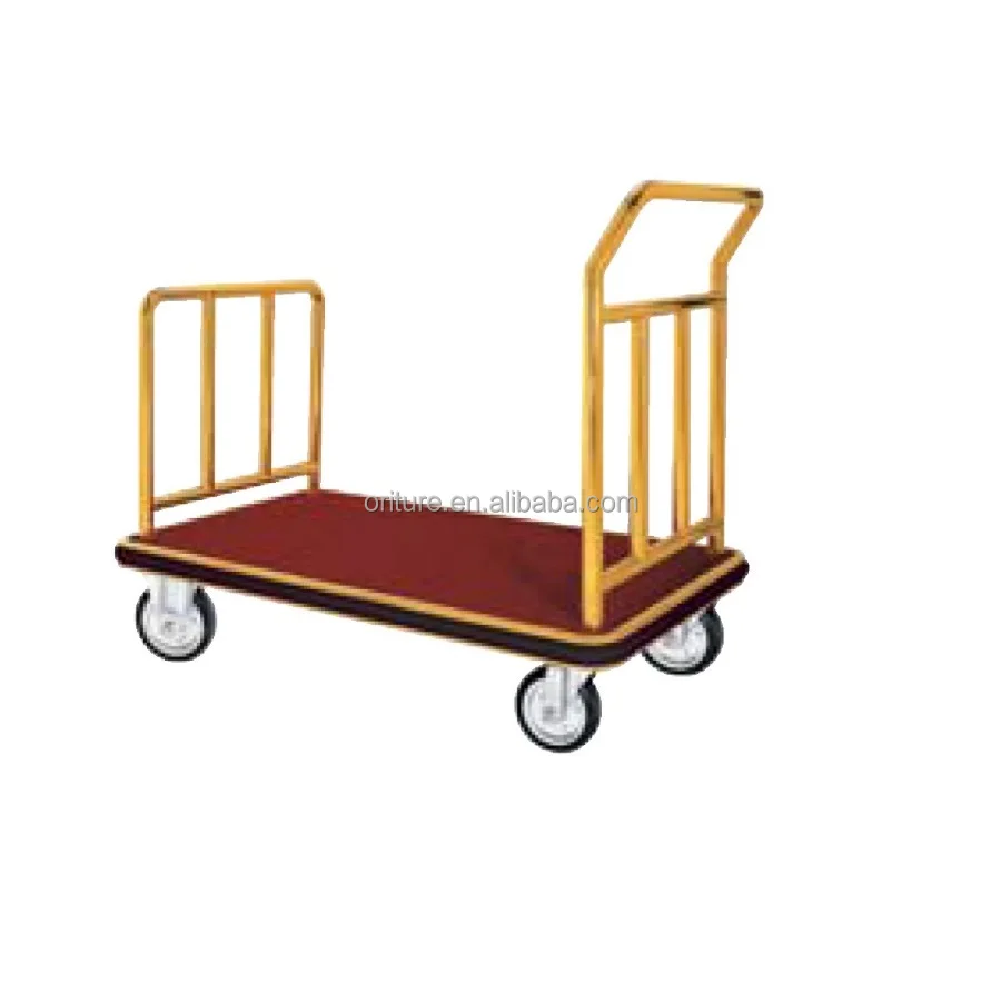 C014 Hotel Platform Stainless Steel Lobby Luggage Bellman Trolley Golden Baggage Hand Truck Cart with Red Carpet