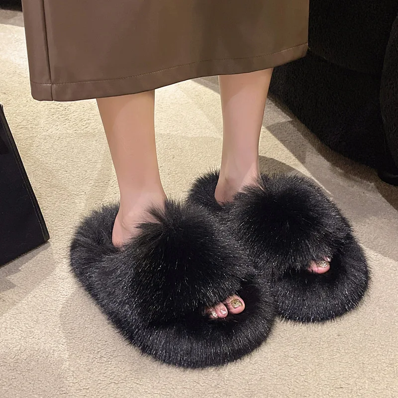 fox fur slippers women home cotton comfortable shoes slippers soild color flat shoes china wholesale slippers