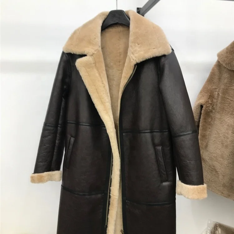Wholesale fashion fur jacket leather winter custom warm sheep long slim coat