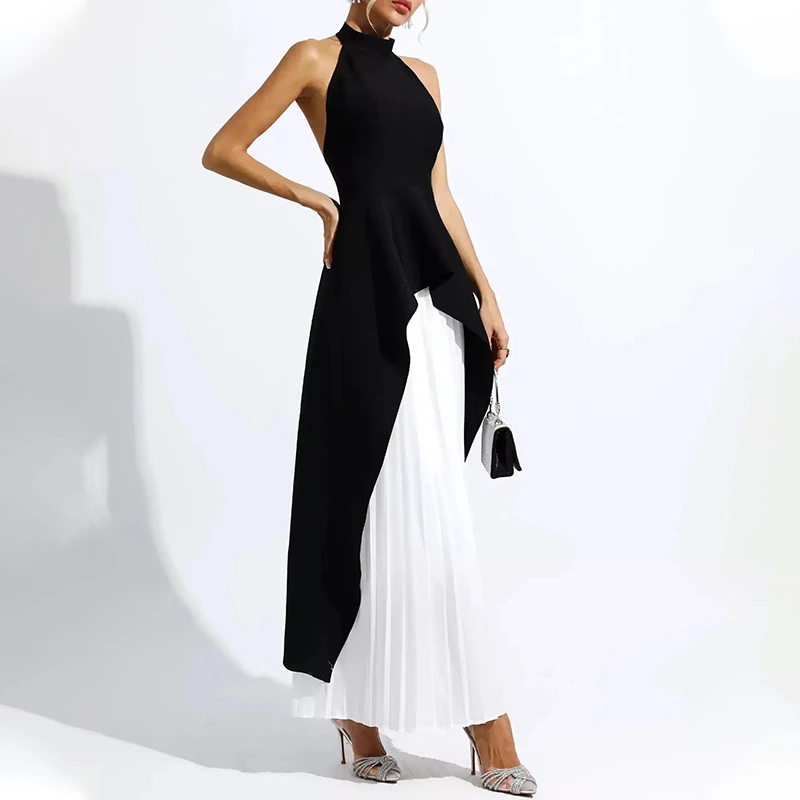 Custom trendy sleeveless halter black and white maxi party dress backless pleated dresses for women