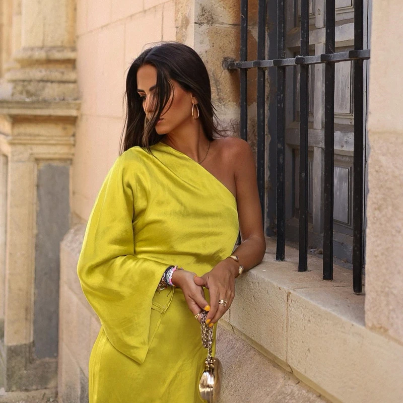 2022 summer new European and American style fashion solid color asymmetric silk satin texture PB&ZA dress