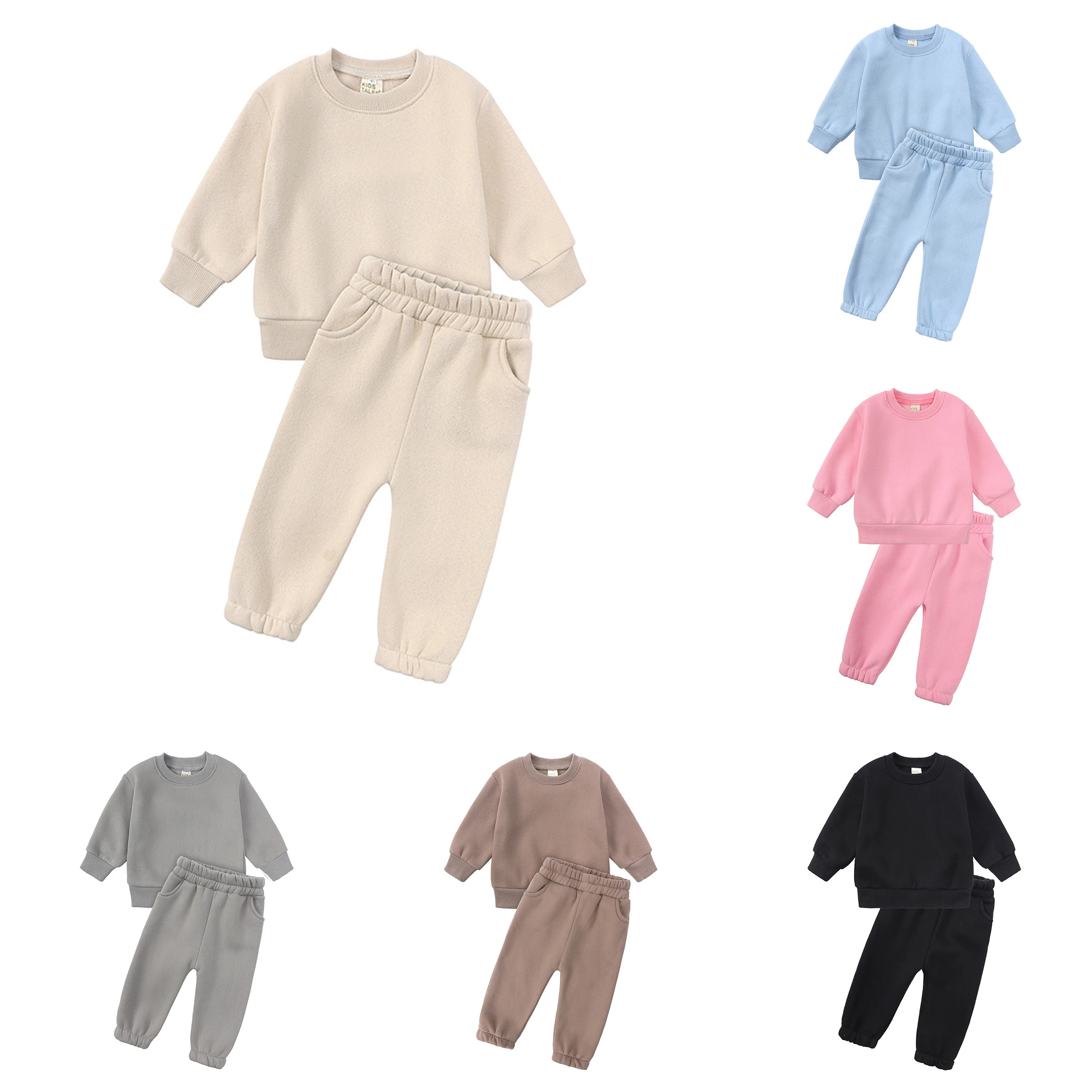 Autumn Winter Baby Infant Kids Boys Girls Solid Color Cotton Sweatshirt Sweatpants Hoodie Thick Clothes Toddler Clothing Set