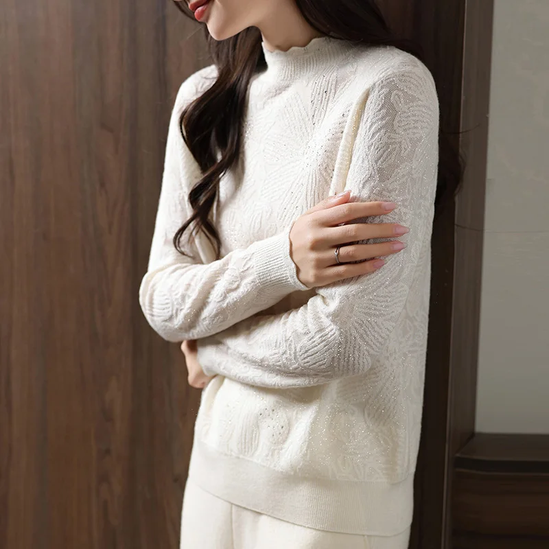 Bright Silk Sunflower Diamond Lace Collar Small Shirt 24 Autumn and Winter New Worsted Wool Ladies Knitted Blouse