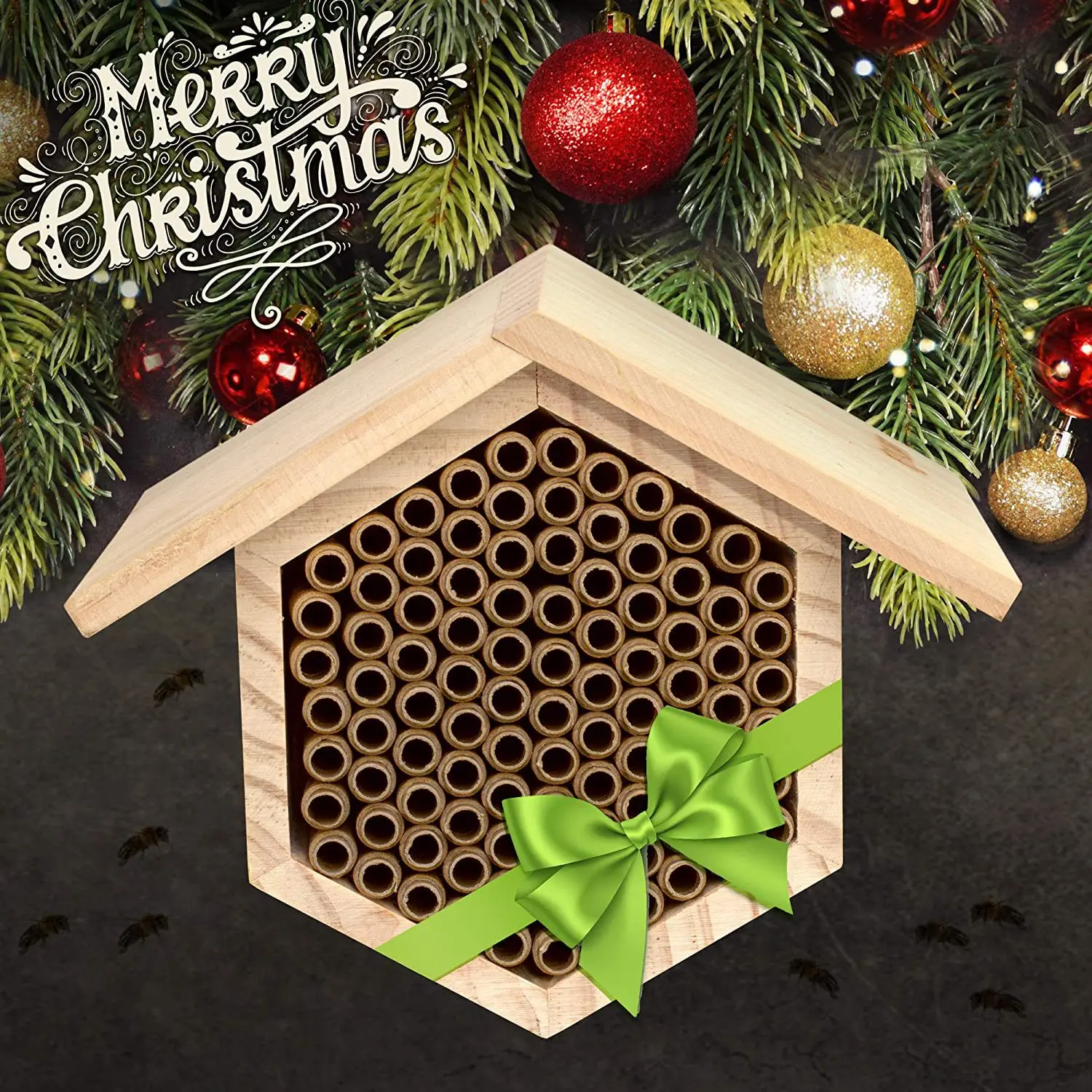 The new fillable Mason Bee House Hotel sustainably uses pine wood for nesting and paper-padded wood honeycomb