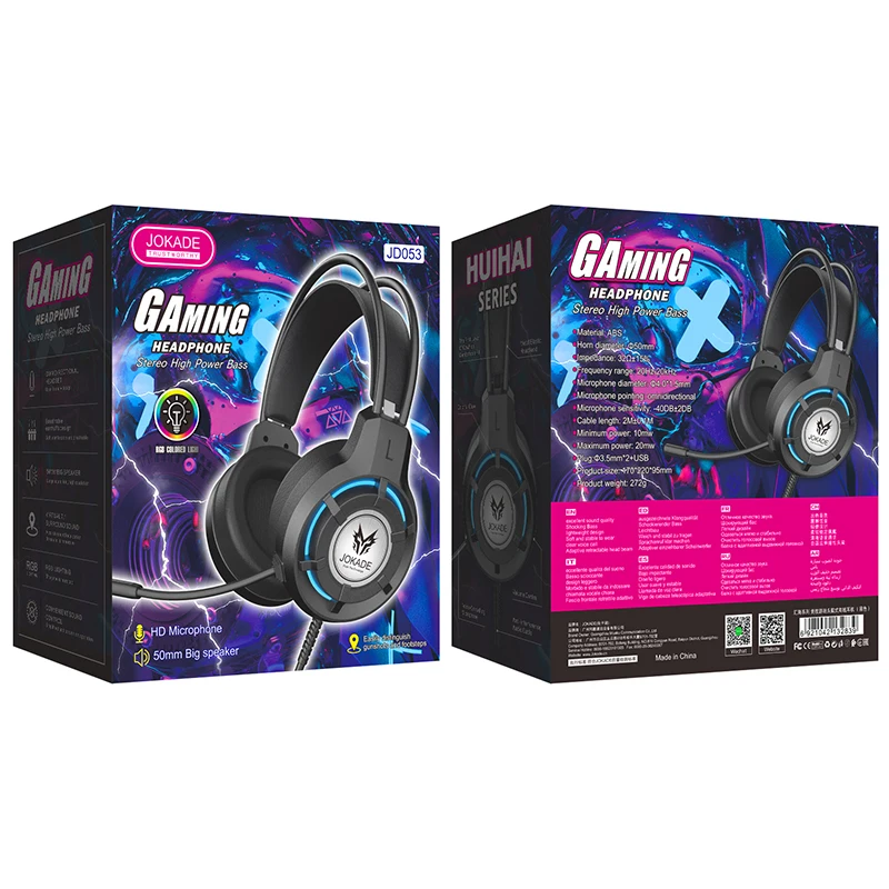 JOKADE JD053 Competitive Gaming Headset 2M Wired Headphones USB+3.5MM Dual Plug Three-Color Cool LED Cold Light Earphone