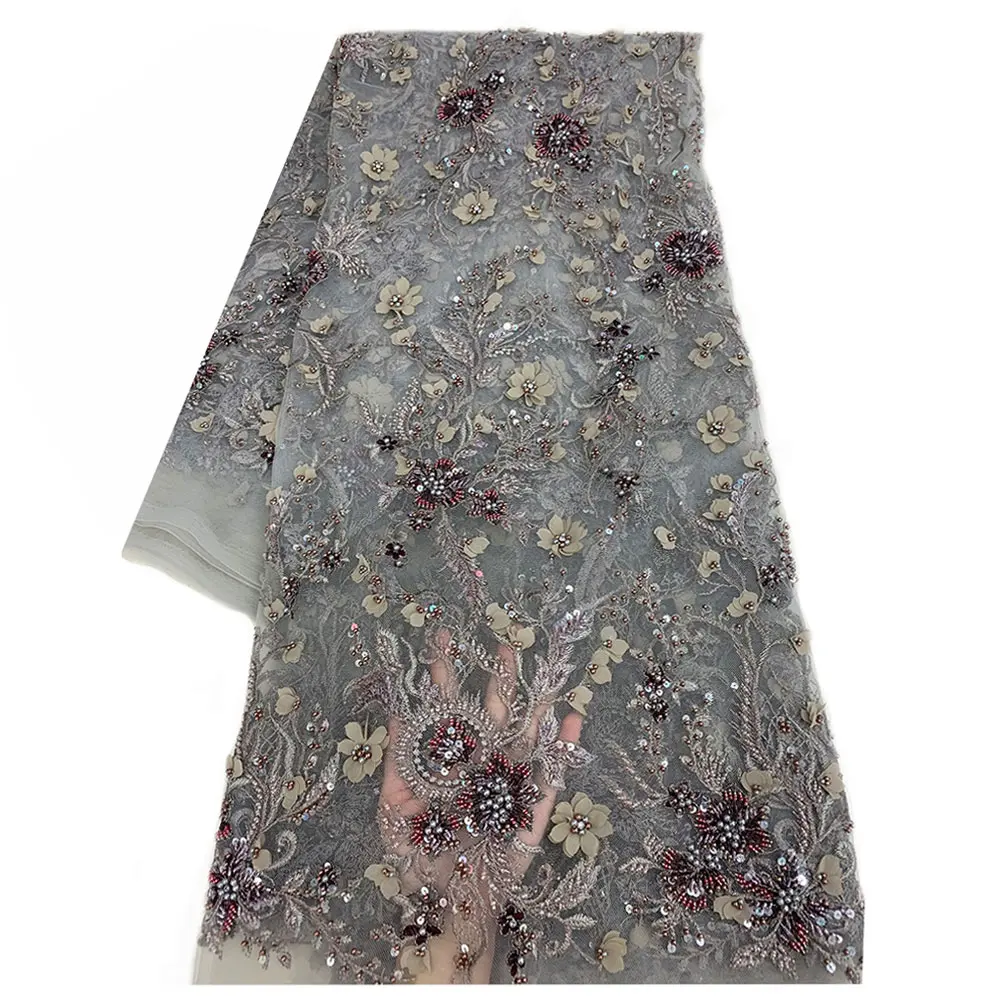 French Luxury Khaki Heavy Beaded Sequins Embroidery Tulle Mesh With Rhinestone Lace Fabric Handmade By Yard For Lady Party Dress