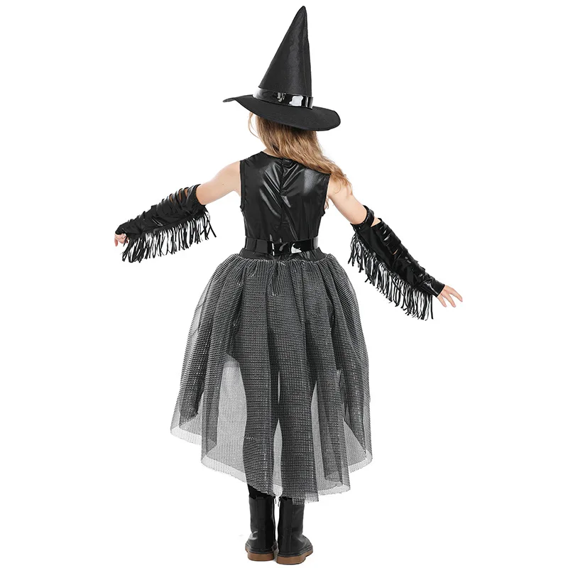Halloween Crow Witch Costume Black Goth Style Girls Performance Puffy-Tail Dress for Girls Witch Performance