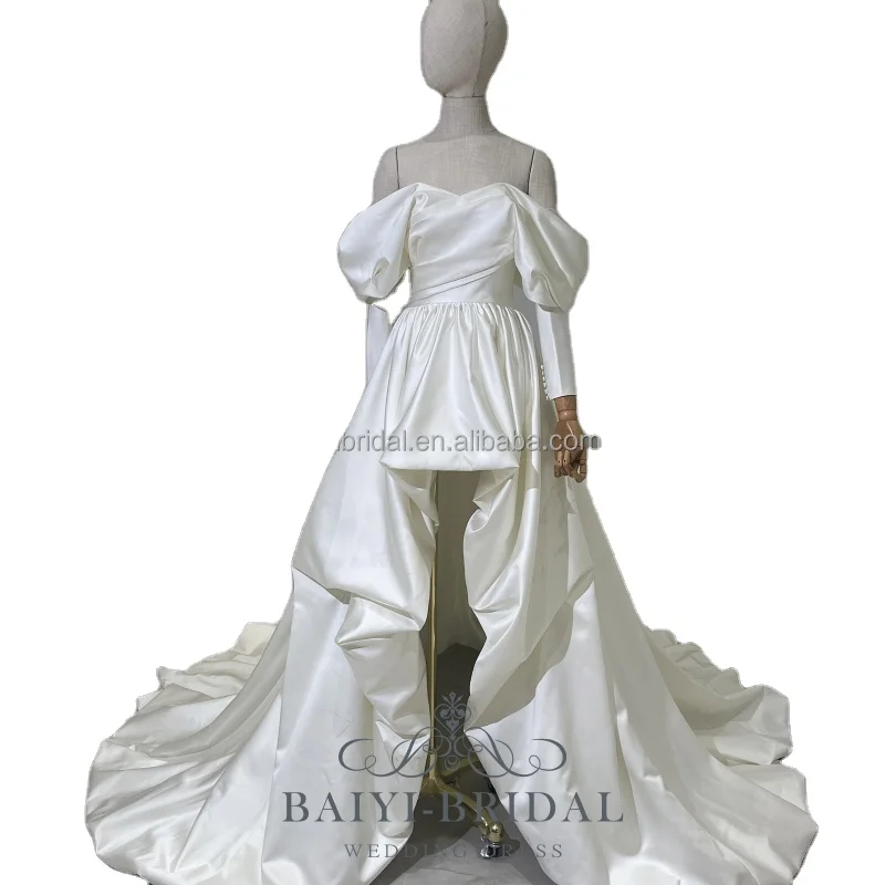 High Quality Short Wedding Dress Satin Fabric Design With Long Tailing